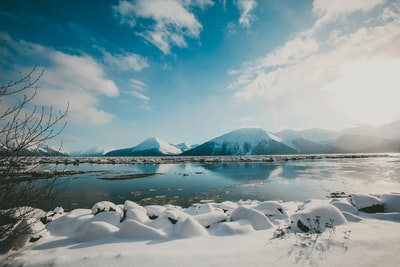 冰雪覆盖山倒影在白天
